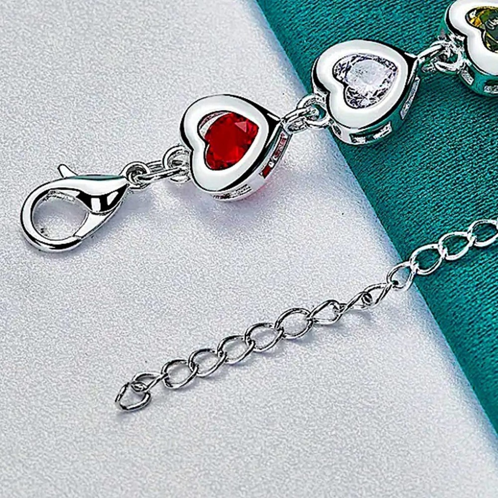 Sterling Silver Heart Multicolor Gemstone 925 Stamped Bracelet - Picture 12 of 12